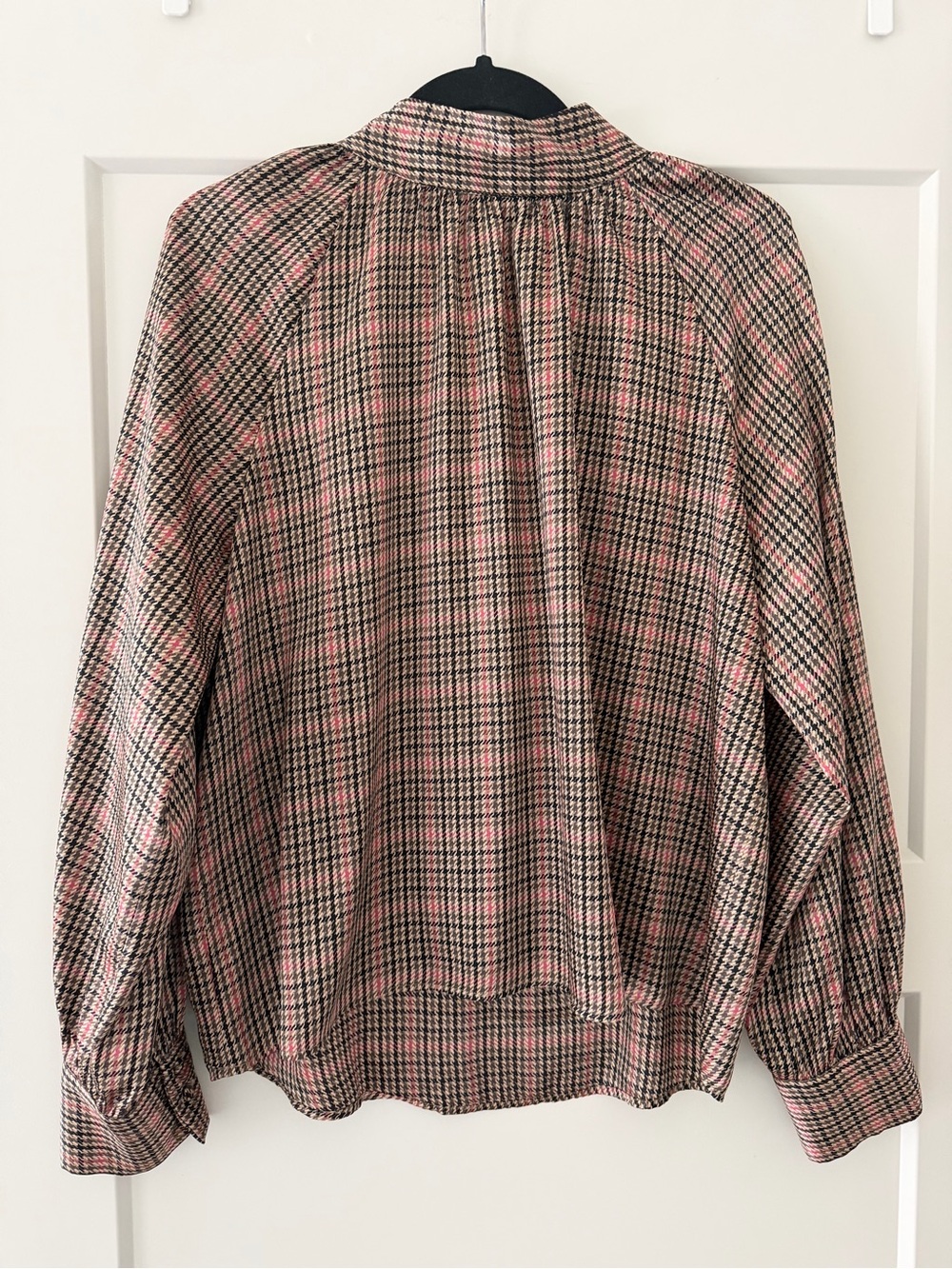 Zara Mock Neck Plaid Long-Sleeve Blouse in Pink and Black
